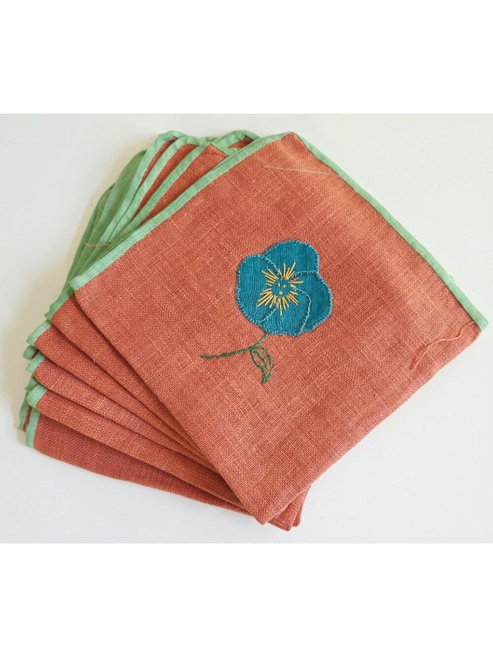 Vtg Embroidered Linen Napkins Floral Design Set of 6 Orange & Green Trim